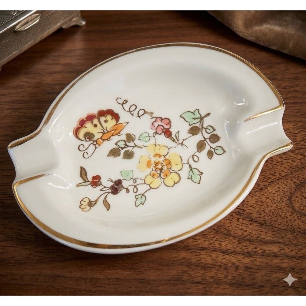VTG Zsolnay Hungary Porcelain Ashtray Butterfly Floral Trinket Dish